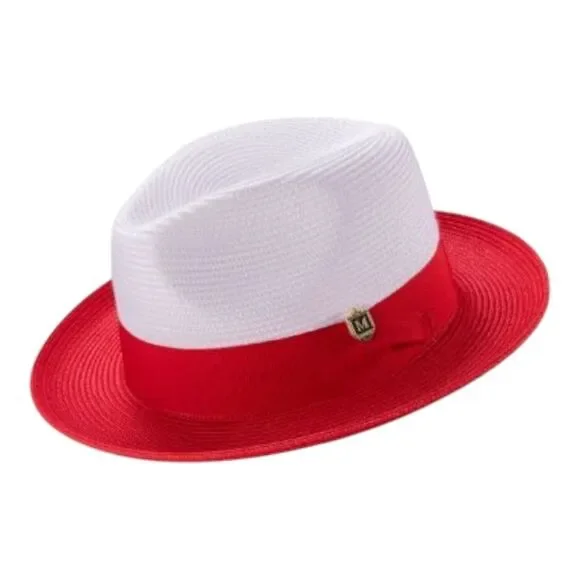 MONTIQUE RED TWO-TONE WIDE BRIM W/MATCHING GROSGRAIN RIBBON STRAW FEDORA HAT H47